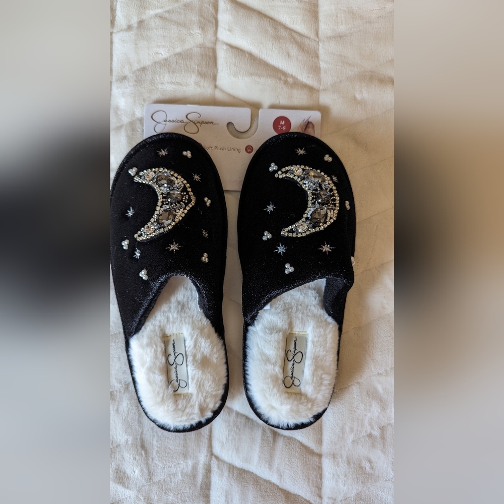 Women's Jessica Simpson Moon and Star Embellished Velour Memory Foam Slippers